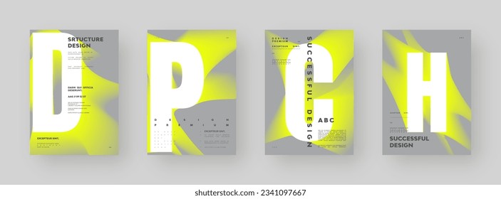 Poster design set. Vertical A4 format. Modern placard collection. Strict and discreet brochure. White yellow letter composition with abstract smoke effect.