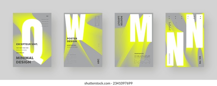 Poster design set. Vertical A4 format. Modern placard collection. Strict and discreet brochure. White yellow letter composition with abstract smoke effect.