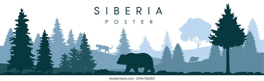 A poster design with Siberian Scene. A background design with flora and fauna of Siberia. Siberian Coniferous forest and animals.