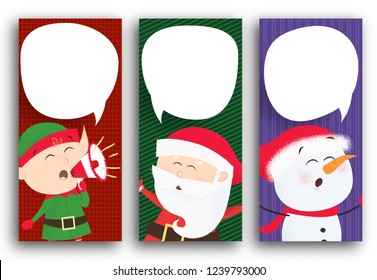 Poster design with singing Christmas characters. Cartoon characters of elf, Santa Claus and snowman with white speech bubbles for text. Can be used for postcards, invitations, greeting cards