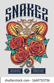 Diseño de afiches con serpientes y rosas. Las serpientes abren la boca salvajes y envuelven las flores. Diseño de impresión clásico con tatuajes grunge. Colores jugosos y brillantes. Arte vectorial. 