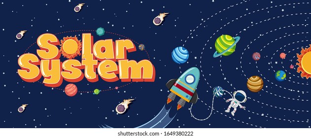 Poster design with solar system and astronaut flying in space background illustration