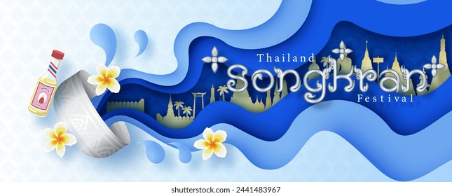 Diseño de cartel del festival Songkran en capas estilo de corte de papel y tazón de plata con paisaje de Tailandia y flores sobre fondo azul degradado.