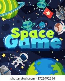 Poster design for space game with alien and astronaut in space illustration