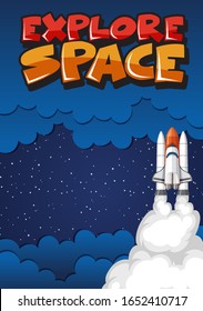 Poster design with spaceship flying in the dark space illustration