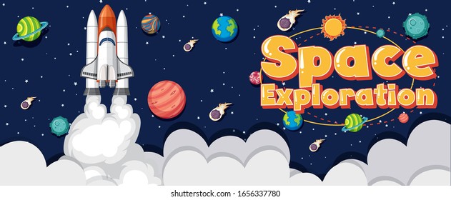 Poster design with spaceship and many planets in space background illustration