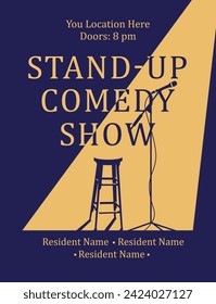 Poster design for a stand-up comedy show. Flyer and advertisement. Vector flat illustration