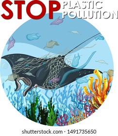 Poster design with stingray and plastic bags illustration