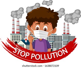 Poster design for stop pollution with boy wearing mask illustration
