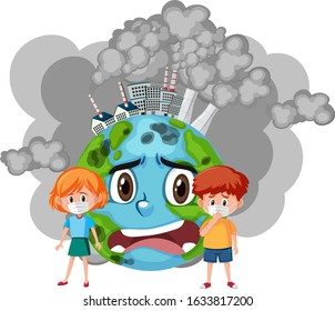 Poster design for stop pollution with children and sad world illustration