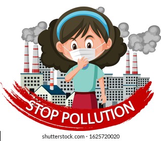 Poster design for stop pollution with girl wearing mask illustration