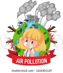 Poster design for stop pollution with girl wearing mask illustration