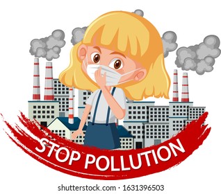 Poster design for stop pollution with girl wearing mask illustration