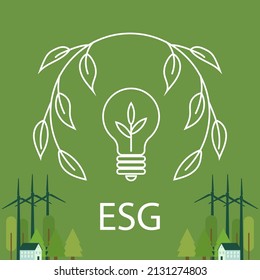 Poster design for sustainable living. ESG, green energy and sustainable industry. The concept of environmental, social and corporate governance, the development of alternative energy sources