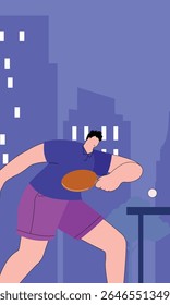  Poster design table tennis tournament, competition, sport club. Healthy lifestyle, friends competition. Man playing ping pong in the park, vector illustration sport outdoor recreation.