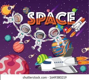 Poster design template with astronauts and many planets in background illustration