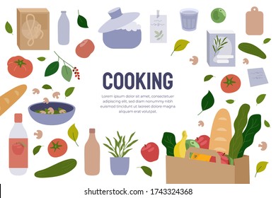 Plantilla de diseño de afiches de Cocina. Volante con alimentos, ingredientes para la comida. Cartel para blog culinario, clases, canal de cocina, menú. Utensilios de cocina aislados en fondo blanco. Ilustración del vector