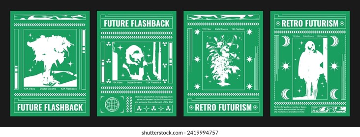 Poster design template in cyberpunk y2k style with bitmap images on green background. Set of banner template in cyber 2000s aesthetic with acid retro futuristic silhouette elements and typography.