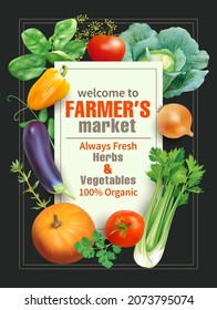 Poster design template for farmers market promotion. Vector illustration.