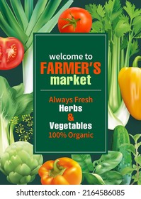 Poster design template for farmers market promotion. Vector illustration.