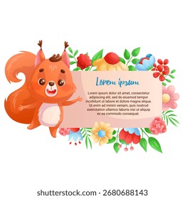 Modelo de design de cartaz com flores e um esquilo engraçado bonito acenando sua pata. Ilustração vetorial de desenhos animados infantis para o design de postais, postais, banners, cartazes