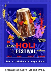 Poster design template for Holi club celebration with dhol (drum), pichkari and color splashes. Vector illustration.