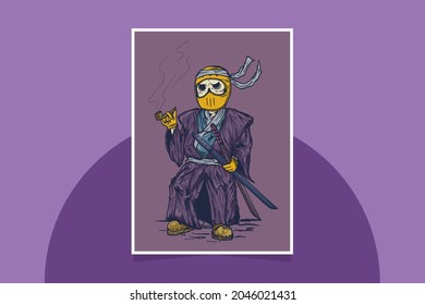 Poster design template Illustration of a character with a yellow helmet dressed in a Japanese shogunate in purple tones