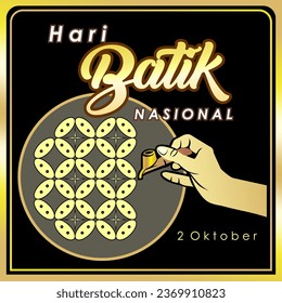 Poster design template for Indonesian National Batik Day, October 2. Square box design with illustration of a batik maker's hand carrying a canting and batik motif background. Vector Illustration