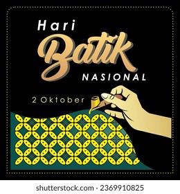 Poster design template for Indonesian National Batik Day, October 2. Square box design with illustration of a batik maker's hand carrying a canting and batik motif background. Vector Illustration