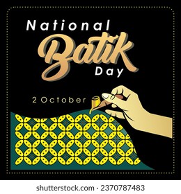 Poster design template for Indonesian National Batik Day, October 2. Square box design with illustration of a batik maker's hand carrying a canting and batik motif background. Vector Illustration