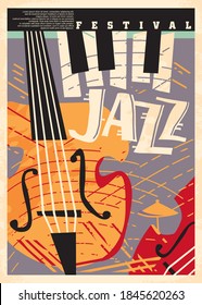 Poster design template for jazz festival. Music event flyer layout with various musical instruments. Vector cover illustration.