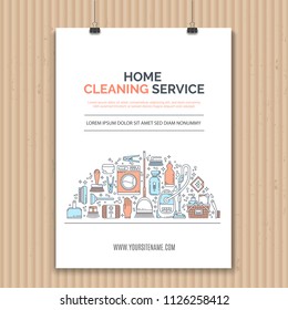 Poster design template with line icons symbols of house cleaning tools, household equipment. Ideal for business layout, or announcement poster. Clean, minimalistic vector concept for cleaning company.