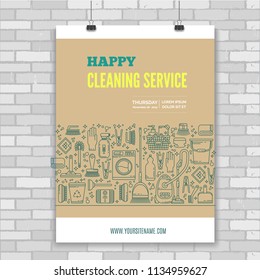 Poster design template with line icons symbols of house cleaning tools, household equipment. Ideal for business layout, or announcement poster. Clean, minimalistic vector concept for cleaning company.