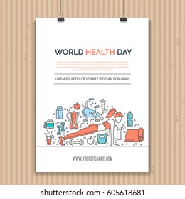 Poster design template with line icons symbols of fitness studio, gym facility or health industry. Ideal layout for World Health Day, healthy lifestyle. Clean and minimalistic vector concept.