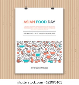 Poster design template with line icons symbols of chinese, japanese, asian cuisine, cafe and food delivery. Ideal for business layout, or announcement poster. Clean and minimalistic vector concept.