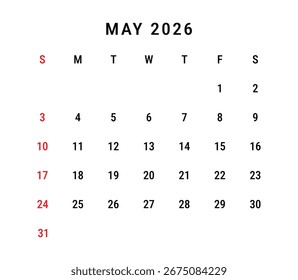 Modelo de design de cartaz para o calendário de maio de 2026, layout vetorial limpo e moderno para impressão ou uso digital