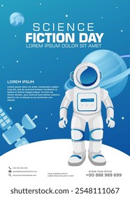 Poster design template for National Science Fiction Day. Immerse in futuristic visuals with this captivating vector illustration for Sci-Fi Celebration