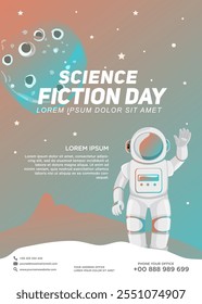 Poster design template for National Science Fiction Day. Immerse in futuristic visuals with this captivating vector illustration for Sci-Fi Celebration