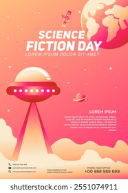 Poster design template for National Science Fiction Day. Immerse in futuristic visuals with this captivating vector illustration for Sci-Fi Celebration