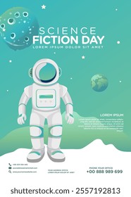 Poster design template for National Science Fiction Day. Immerse in futuristic visuals with this captivating vector illustration for Sci-Fi Celebration