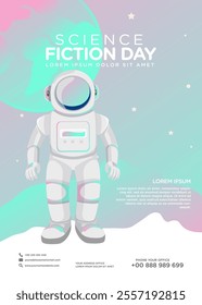 Poster design template for National Science Fiction Day. Immerse in futuristic visuals with this captivating vector illustration for Sci-Fi Celebration