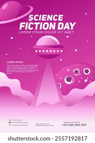 Poster design template for National Science Fiction Day. Immerse in futuristic visuals with this captivating vector illustration for Sci-Fi Celebration