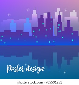 Poster design template with night cityscape. Vector design template.