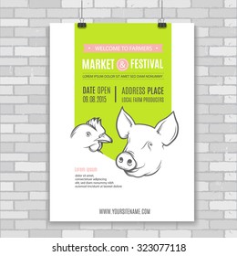 Poster design template with pig and chicken. Perfect design for farm market advertising, farming industry, meat product business. Modern business identity for bio products and agricultural industry.
