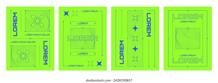 Poster design template in retro y2k style with simple abstract geometric grid elements and fluid patterns, typography and sticker icons on acid neon green background. Vector banner layout set.