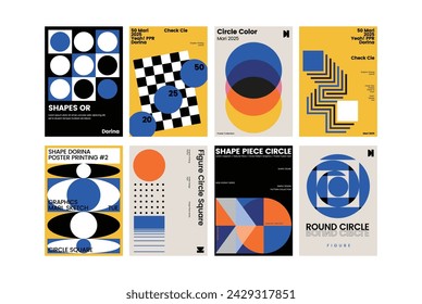 Poster Design Template Set mit Abstrakten geometrischen Formen neue modernistische Ästhetik Brutalismus inspirierte Grafik Web Layouts Magazin Cover Druck digitale moderne kreative Form Gelb Schwarz Blau Orange