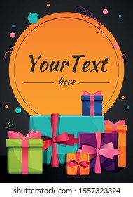 Poster design template with a set of bright gift boxes, ribbons, bows and place for your text. Suitable for poster, card, banner, invitaion for birthday, wedding, christmas, new year and other holiday