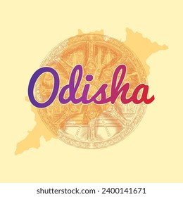 Poster design template for the state of Odisha with the illustration  of Konark wheel and typography.
