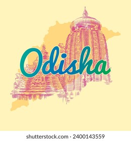 Poster design template for the state of Odisha with the illustration  of Famous Lingaraja Temple and typography.