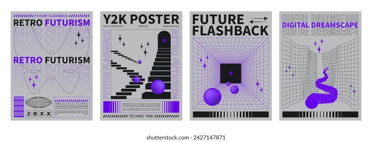 Poster design template in trendy y2k style with grid perspective pattern and objects. Vector set of retro futuristic 2000s streetwear techno banners with abstract wireframe geometric 3d shape.